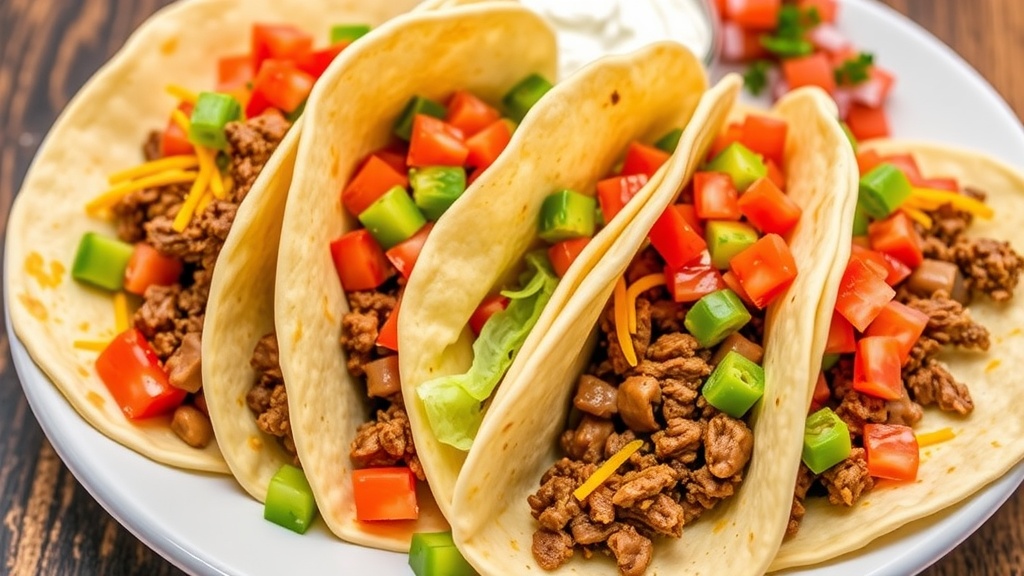 Spicy Beef Tacos with Fresh Toppings A plate of beef tacos filled with ground beef, lettuce, tomatoes, and cheese, served with sour cream and salsa.